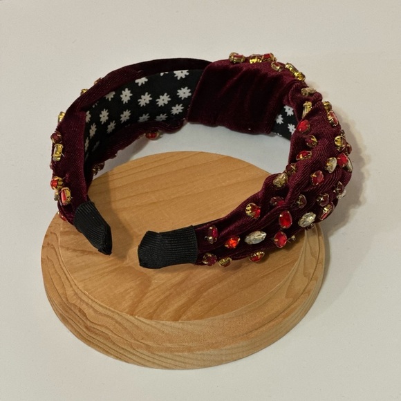 Red Rhinestone Burgundy Velvet Knot Headband - Picture 5 of 10